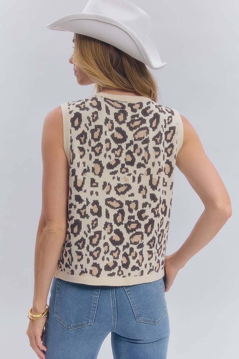 LEOPARD GOLD METAL BUTTON SLEEVELESS SWEATER TOP_JLT00014-01