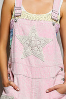 Floral Crochet Pearl Patch Roomy Fit Twill Overalls