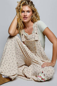 Vintage Floral Knit Contrast Pocket Jogger Overalls