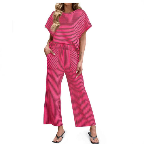 Striped Batwing Sleeve Top & Wide Leg Pants Set
