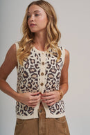 LEOPARD GOLD METAL BUTTON SLEEVELESS SWEATER TOP_JLT00014-01