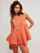Denim Outfit Set-Sleeveless Top & Elastic-Waist Shorts