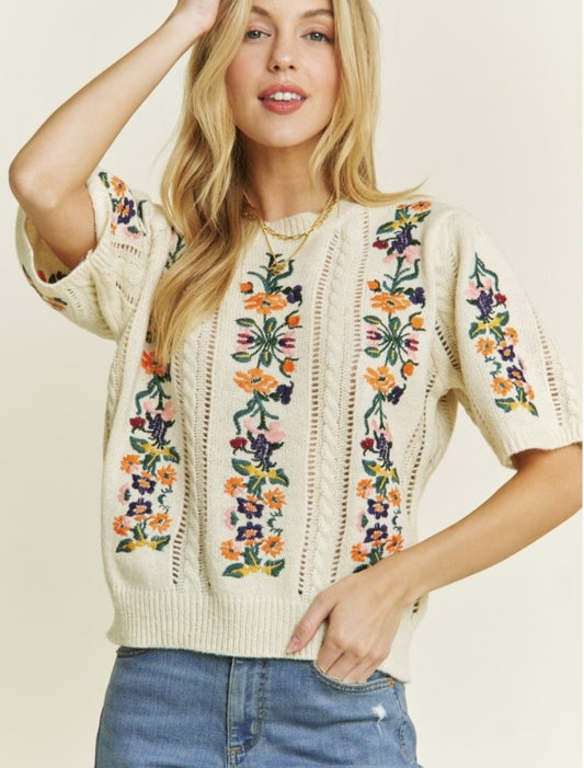Annabelle Cream Floral Short Sleeve Sweater