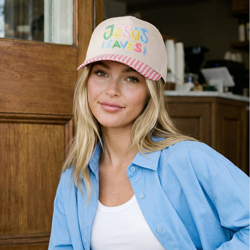 JESUS SAVES Embroidered Gingham Brim Trucker Hat