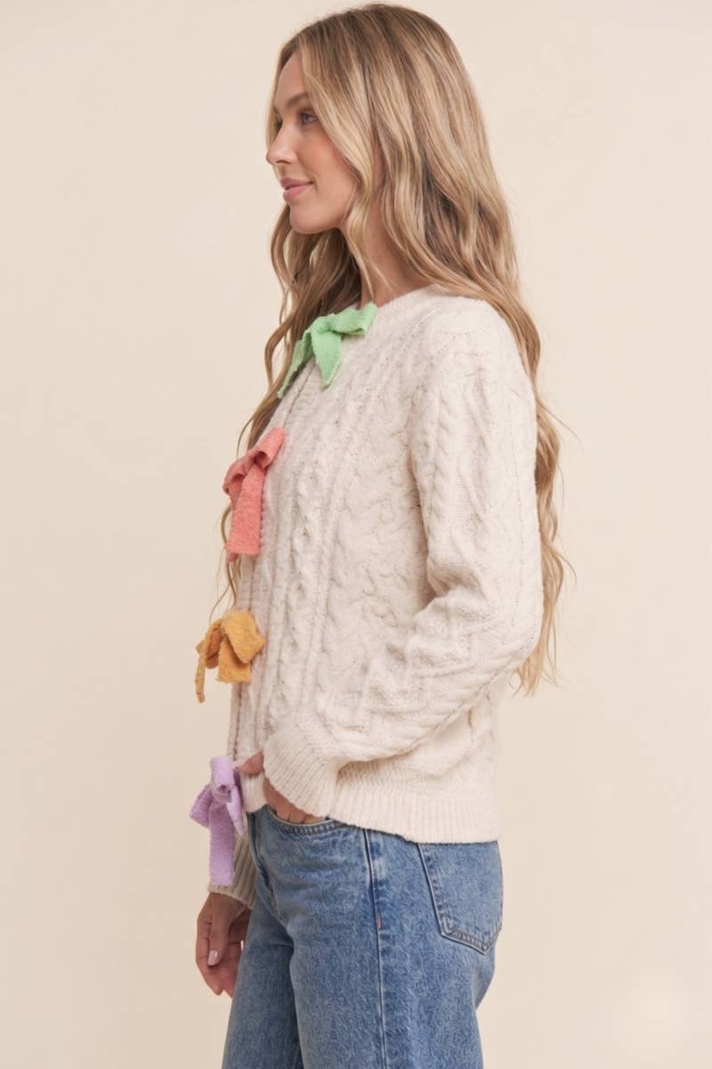 Pastel Bow Cable-Knit Cardigan