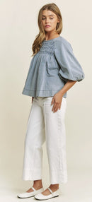 Savannah Denim Babydoll Top Sizes S-3X Available