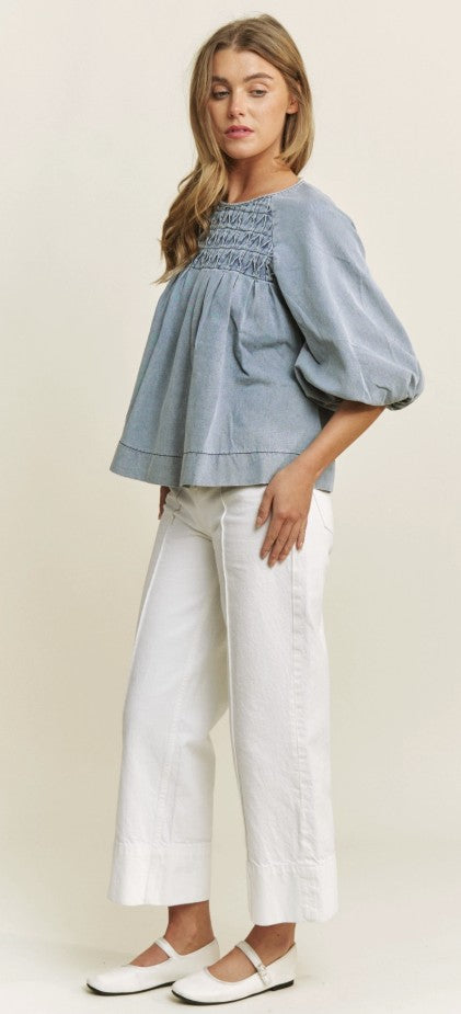 Savannah Denim Babydoll Top Sizes S-3X Available