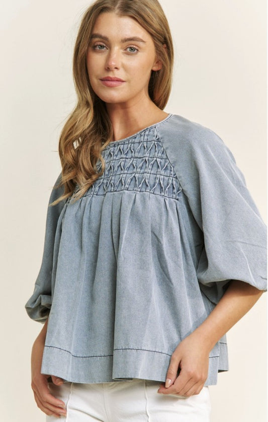 Savannah Denim Babydoll Top Sizes S-3X Available