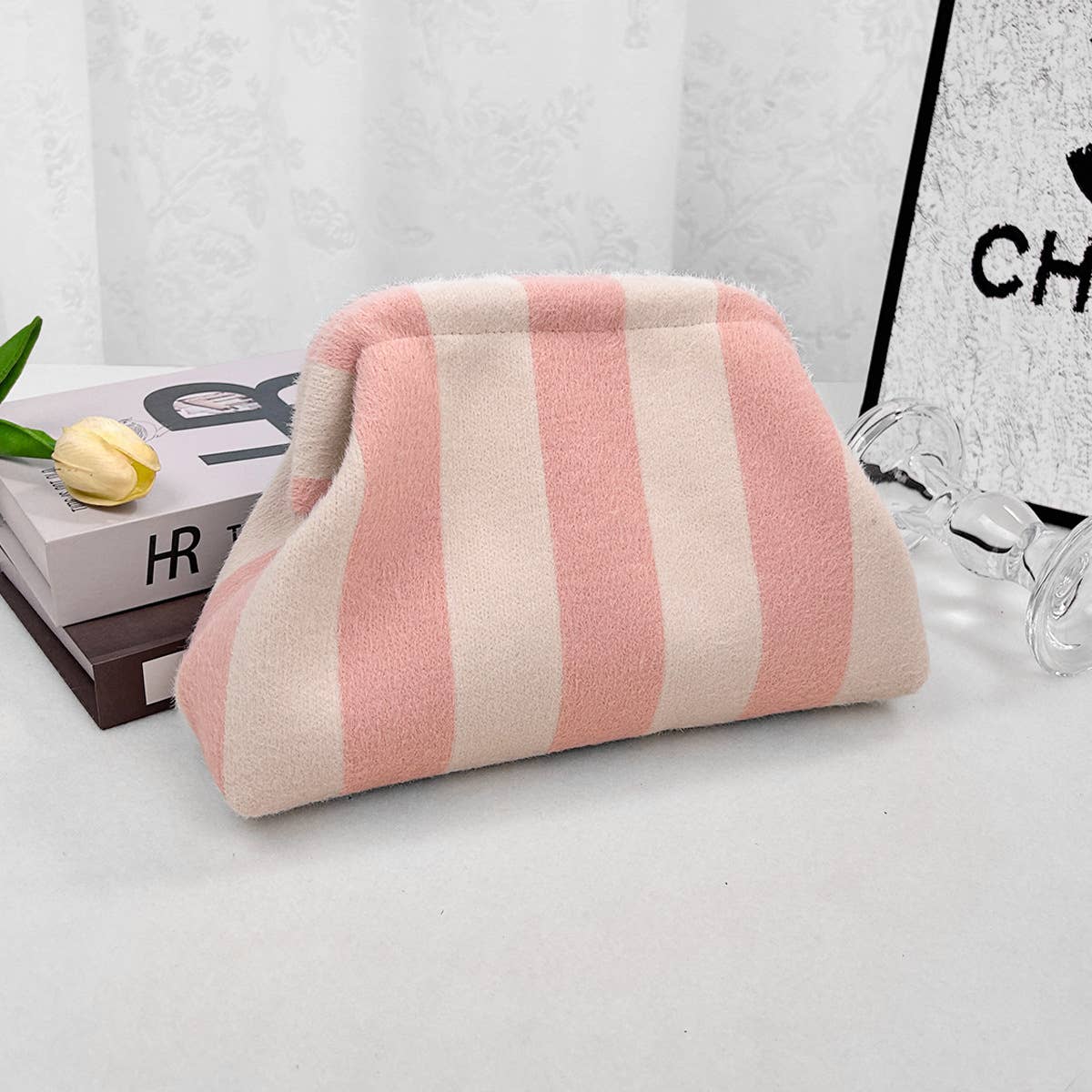 Compact Urban Chic Stripe Design Clutch Bag Makeup Pouch