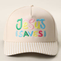 JESUS SAVES Embroidered Gingham Brim Trucker Hat