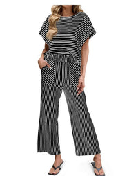 Striped Batwing Sleeve Top & Wide Leg Pants Set