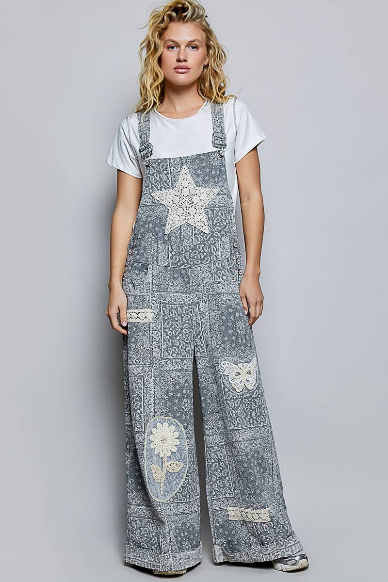 Floral Crochet Pearl Patch Roomy Fit Twill Overalls