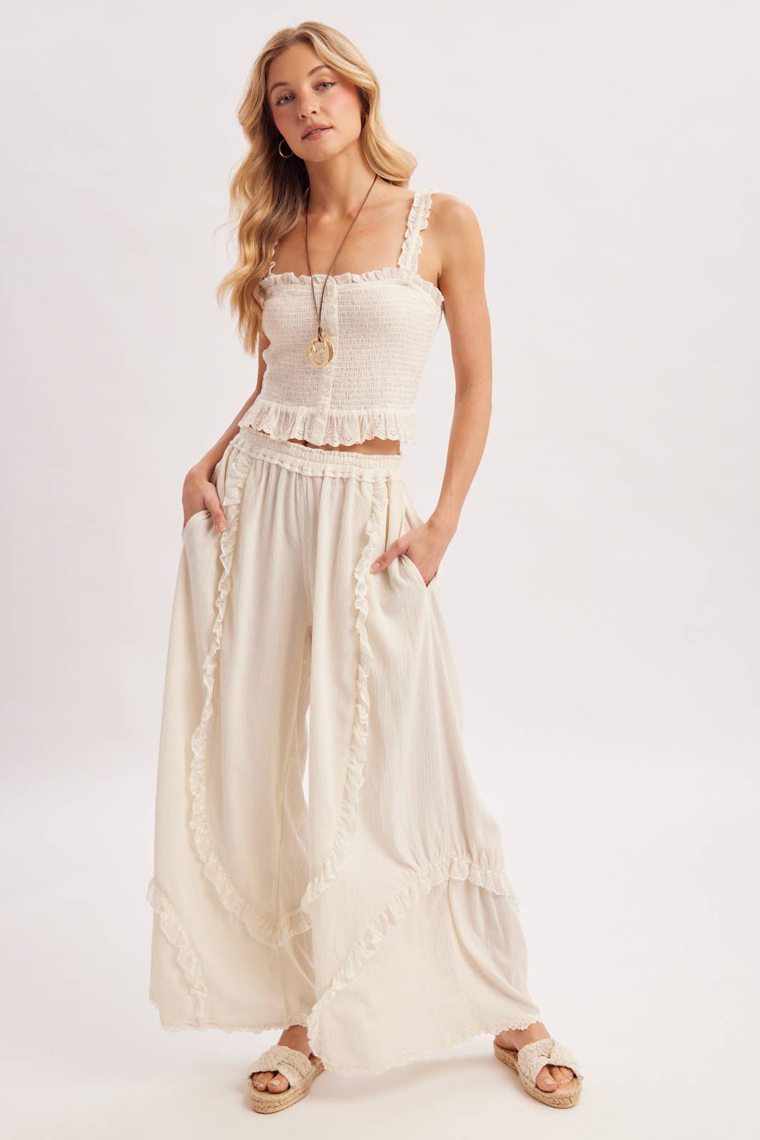 BOHO EYELET LACE RUFFLE TRIMMED WIDE PANTS
