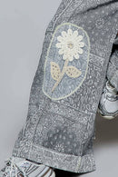 Floral Crochet Pearl Patch Roomy Fit Twill Overalls