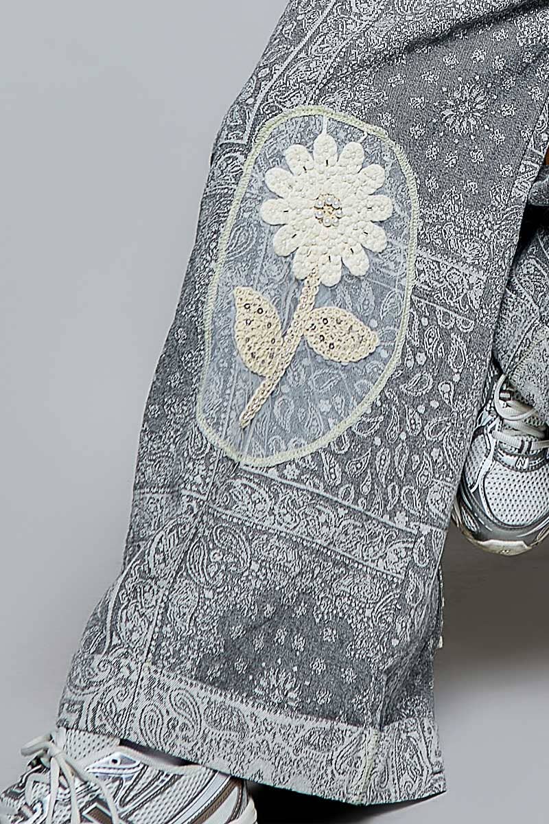 Floral Crochet Pearl Patch Roomy Fit Twill Overalls