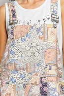 Floral Crochet Pearl Patch Roomy Fit Twill Overalls