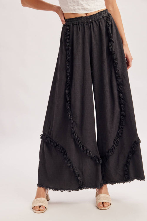 BOHO EYELET LACE RUFFLE TRIMMED WIDE PANTS