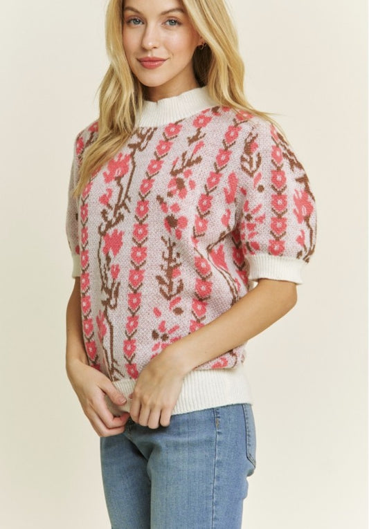 Ellie Pink Multi Floral Short Sleeve Sweater