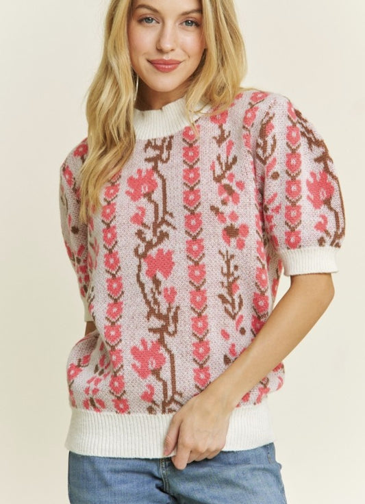 Ellie Pink Multi Floral Short Sleeve Sweater